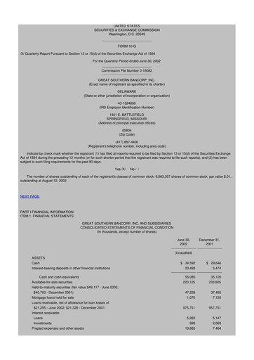 Miniature Great Southern Bancorp 10-Q Rapport trimestriel  
