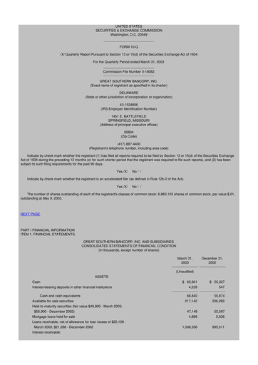 Miniature Great Southern Bancorp 10-Q Rapport trimestriel  