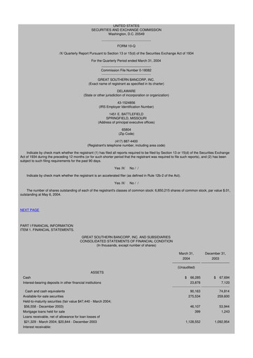 Miniature Great Southern Bancorp 10-Q Rapport trimestriel  