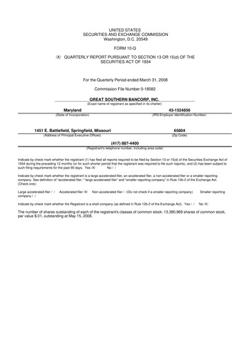 Miniature Great Southern Bancorp 10-Q Rapport trimestriel  