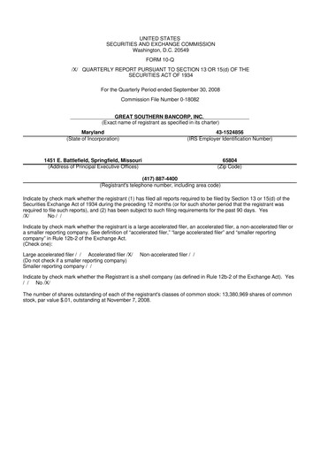 Miniature Great Southern Bancorp 10-Q Rapport trimestriel  