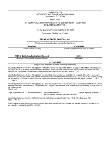 Miniature Great Southern Bancorp 10-Q Rapport trimestriel  