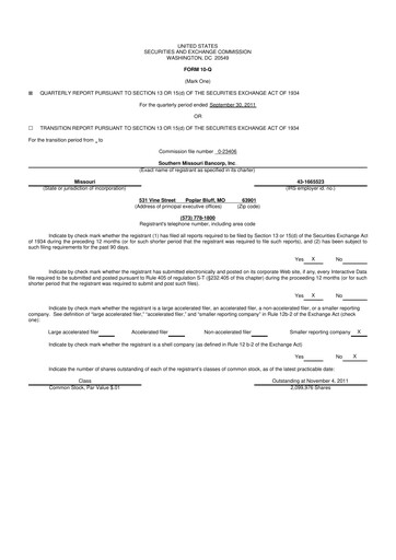 Vorschaubild Southern Missouri Bancorp 10-Q Quartalsbericht 2012 