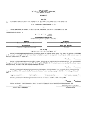 Vorschaubild Southern Missouri Bancorp 10-Q Quartalsbericht 2012 