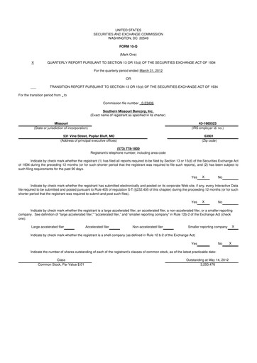 Vorschaubild Southern Missouri Bancorp 10-Q Quartalsbericht 2012 