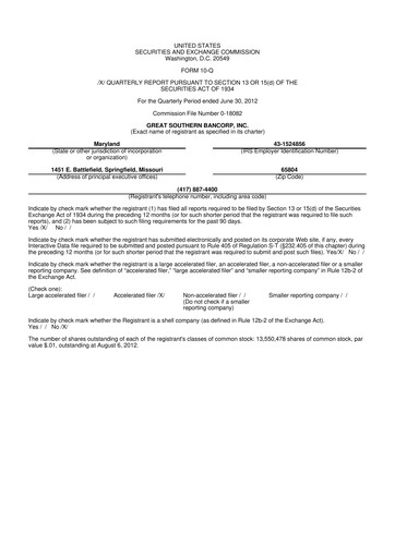 Miniature Great Southern Bancorp 10-Q Rapport trimestriel 2012 