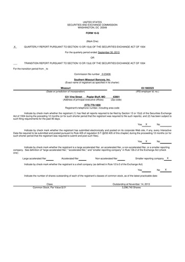 Vorschaubild Southern Missouri Bancorp 10-Q Quartalsbericht 2014 