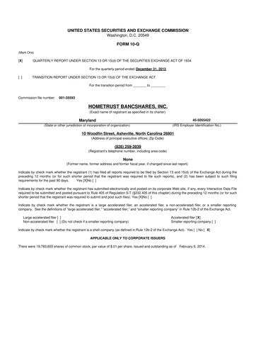 Thumbnail HomeTrust Bancshares
 10-Q Quarterly Report FY2014 