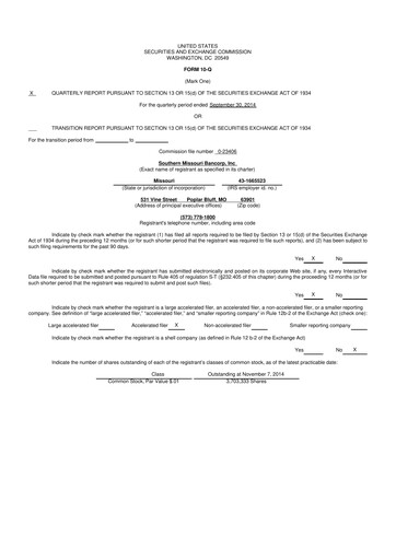 Vorschaubild Southern Missouri Bancorp 10-Q Quartalsbericht 2015 