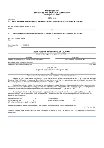 Thumbnail Home Federal Bancorp (HFB Bank) 10-Q Quarterly Report FY2015 