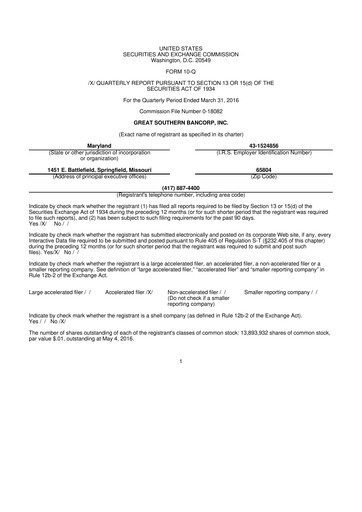 Miniature Great Southern Bancorp 10-Q Rapport trimestriel 2016 