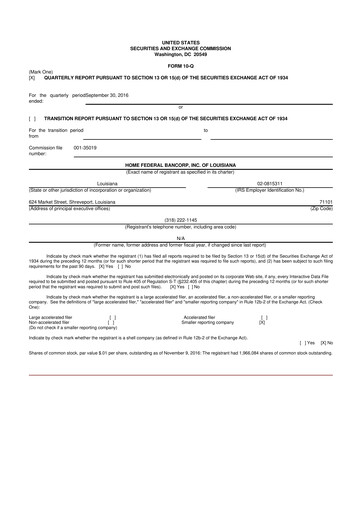 Thumbnail Home Federal Bancorp (HFB Bank) 10-Q Quarterly Report FY2017 