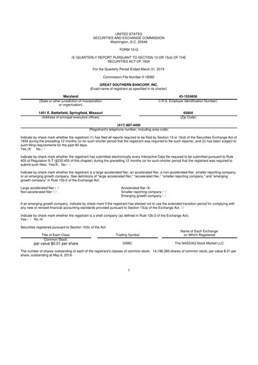 Miniature Great Southern Bancorp 10-Q Rapport trimestriel 2019 