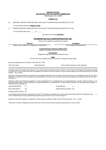 Thumbnail Richmond Mutual Bancorporation 10-Q Quarterly Report FY2019 