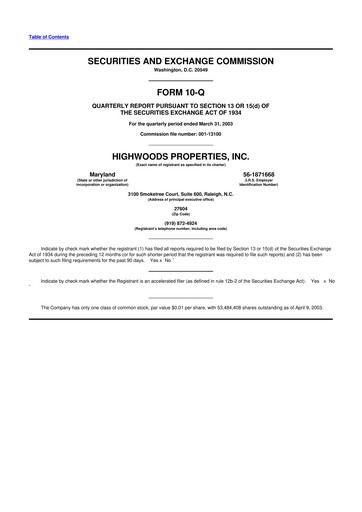 Miniature Highwoods Properties
 10-Q Rapport trimestriel  