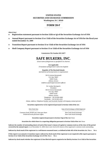Thumbnail Safe Bulkers
 20-F Annual Report 