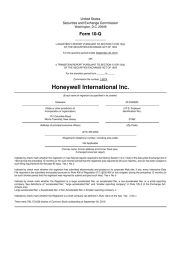 Thumbnail Honeywell 10-Q Quarterly Report FY2010 