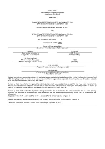 Thumbnail Honeywell 10-Q Quarterly Report FY2013 