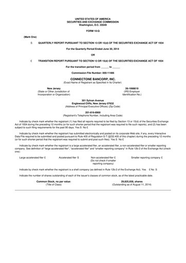 Thumbnail ConnectOne Bancorp 10-Q Quarterly Report FY2014 