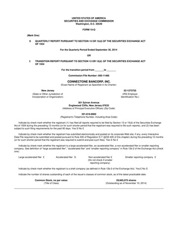 Thumbnail ConnectOne Bancorp 10-Q Quarterly Report FY2014 