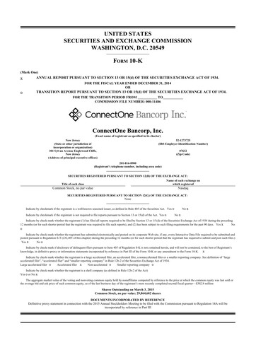 Thumbnail ConnectOne Bancorp 10-K Annual Report 2014
