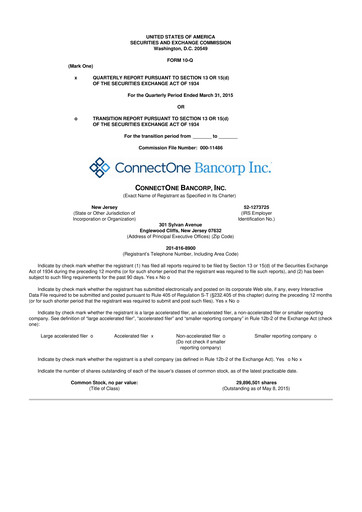 Thumbnail ConnectOne Bancorp 10-Q Quarterly Report FY2015 