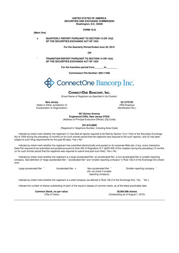 Thumbnail ConnectOne Bancorp 10-Q Quarterly Report FY2015 