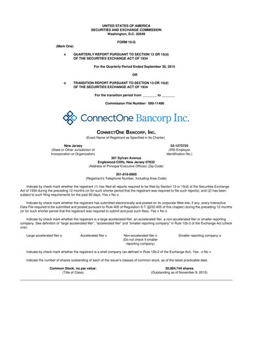 Thumbnail ConnectOne Bancorp 10-Q Quarterly Report FY2015 