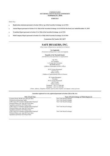 Thumbnail Safe Bulkers
 20-F Annual Report 2015