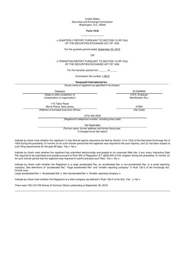 Thumbnail Honeywell 10-Q Quarterly Report FY2016 