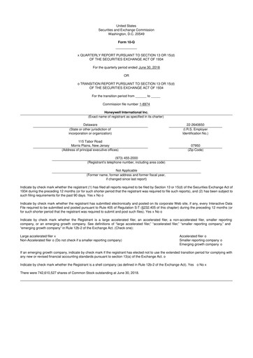 Thumbnail Honeywell 10-Q Quarterly Report FY2018 