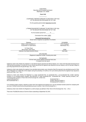 Thumbnail Honeywell 10-Q Quarterly Report FY2018 