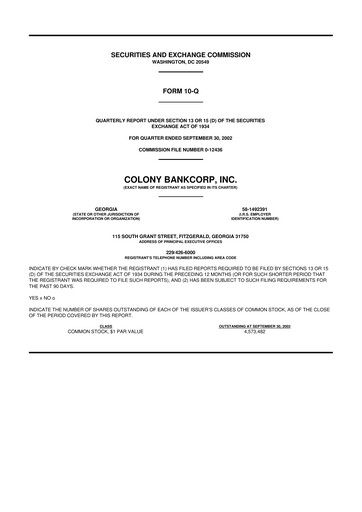 Thumbnail Colony Bankcorp 10-Q Quarterly Report FY 