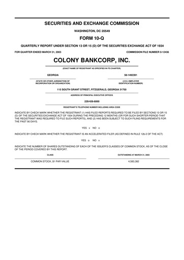 Thumbnail Colony Bankcorp 10-Q Quarterly Report FY 