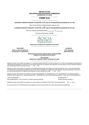 Miniature Acacia Research
 10-Q Rapport trimestriel 2012 