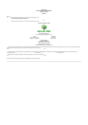 Thumbnail Dollar Tree 10-Q Quarterly Report FY 