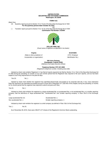 Thumbnail Dollar Tree 10-Q Quarterly Report FY 