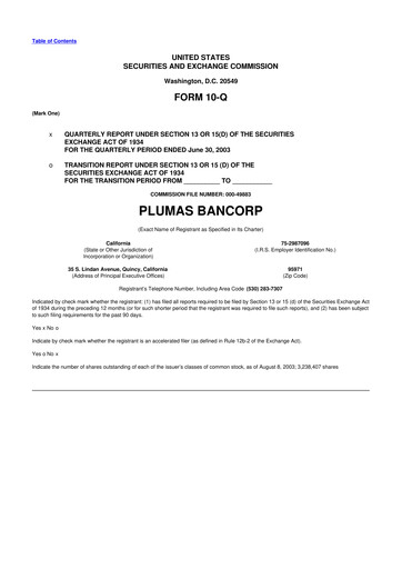 Miniature Plumas Bancorp 10-Q Rapport trimestriel  