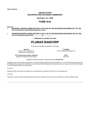 Miniature Plumas Bancorp 10-Q Rapport trimestriel  