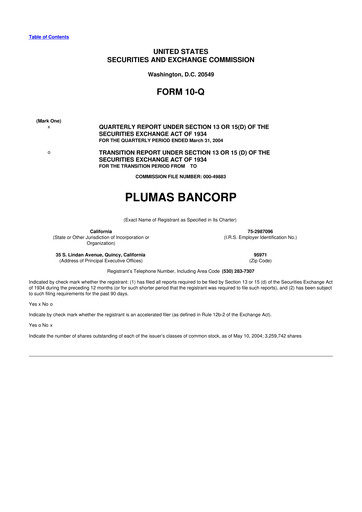 Miniature Plumas Bancorp 10-Q Rapport trimestriel  
