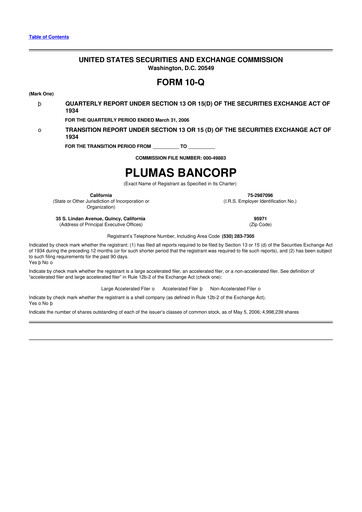 Miniature Plumas Bancorp 10-Q Rapport trimestriel  