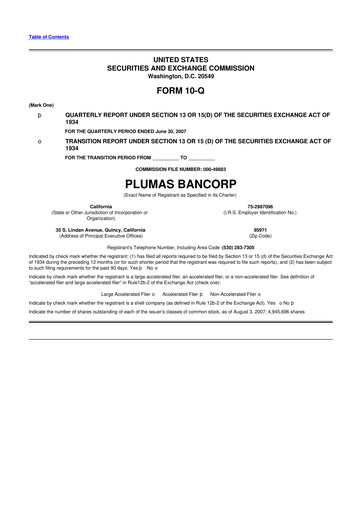 Miniature Plumas Bancorp 10-Q Rapport trimestriel  