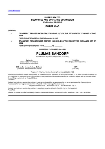 Miniature Plumas Bancorp 10-Q Rapport trimestriel  