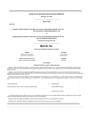 Thumbnail MetLife 10-Q Quarterly Report FY2018 
