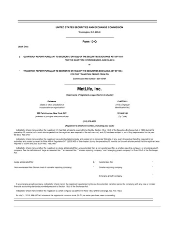 Thumbnail MetLife 10-Q Quarterly Report FY2018 