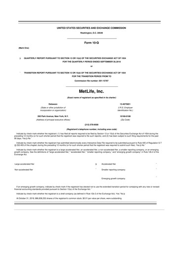 Thumbnail MetLife 10-Q Quarterly Report FY2018 