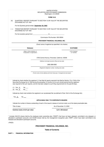 Miniature Provident Financial Holdings 10-Q Rapport trimestriel  