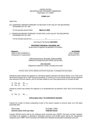 Miniature Provident Financial Holdings 10-Q Rapport trimestriel  