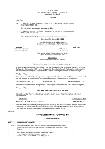 Miniature Provident Financial Holdings 10-Q Rapport trimestriel  