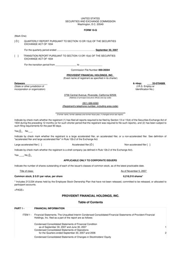 Miniature Provident Financial Holdings 10-Q Rapport trimestriel  